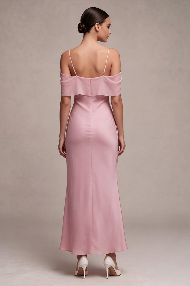 Laden Sie das Bild in den Galerie-Viewer, Chiffon Dunkelrosa Kaltschulter-Meerjungfrauen-Midi-Kleid