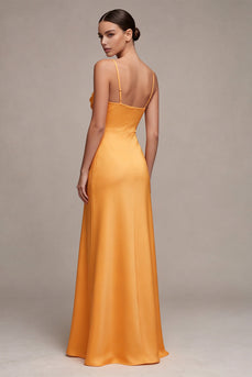 Hellgelbes Satin Spaghettiträger Meerjungfrauen Maxikleid mit Schlitz