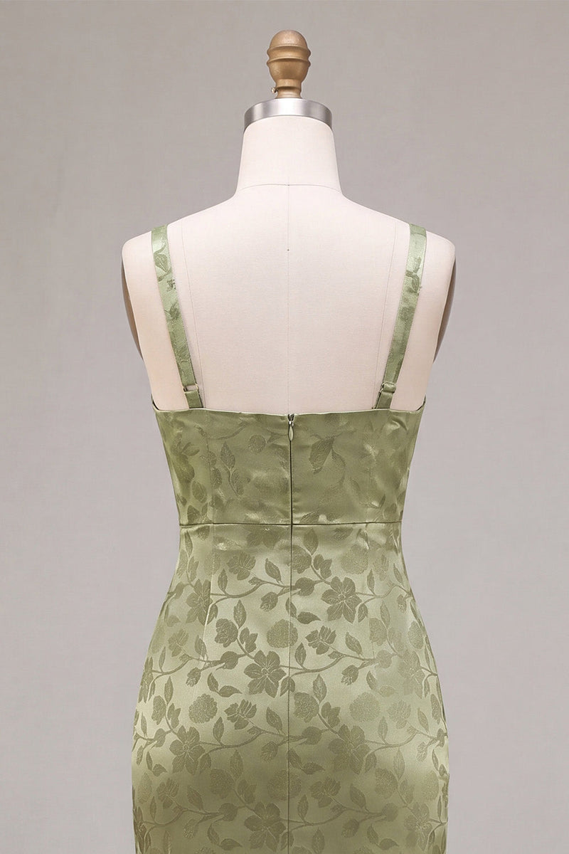 Laden Sie das Bild in den Galerie-Viewer, Hellgrünes Satin-Bodycon gerafftes Midi-Blumenkleid mit Schlitz