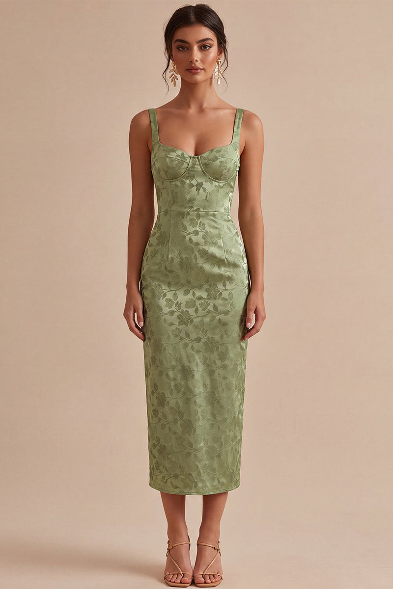 Laden Sie das Bild in den Galerie-Viewer, Hellgrünes Satin-Bodycon gerafftes Midi-Blumenkleid mit Schlitz