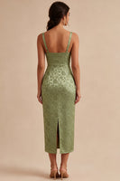 Laden Sie das Bild in den Galerie-Viewer, Hellgrünes Satin-Bodycon gerafftes Midi-Blumenkleid mit Schlitz