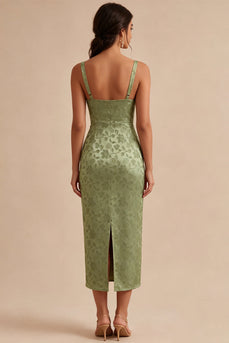 Hellgrünes Satin Bodycon Gerafftes Midi-Blumenkleid mit Schlitz
