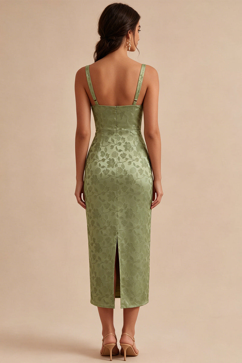 Laden Sie das Bild in den Galerie-Viewer, Hellgrünes Satin-Bodycon gerafftes Midi-Blumenkleid mit Schlitz