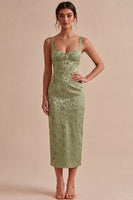 Laden Sie das Bild in den Galerie-Viewer, Hellgrünes Satin-Bodycon gerafftes Midi-Blumenkleid mit Schlitz