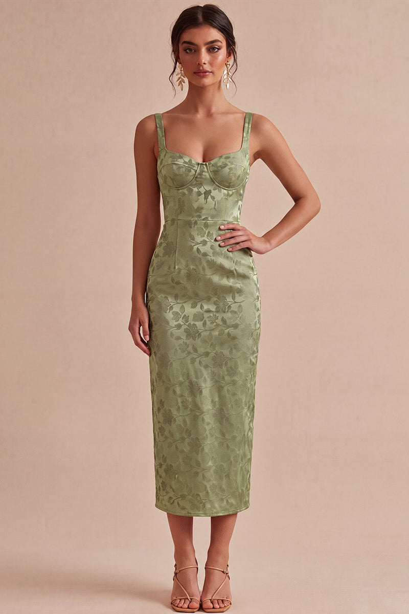 Laden Sie das Bild in den Galerie-Viewer, Hellgrünes Satin-Bodycon gerafftes Midi-Blumenkleid mit Schlitz