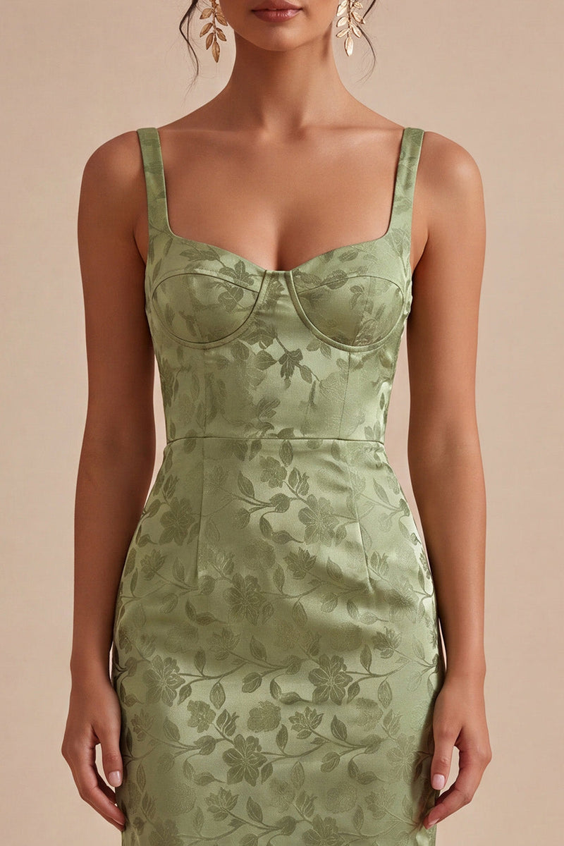 Laden Sie das Bild in den Galerie-Viewer, Hellgrünes Satin-Bodycon gerafftes Midi-Blumenkleid mit Schlitz