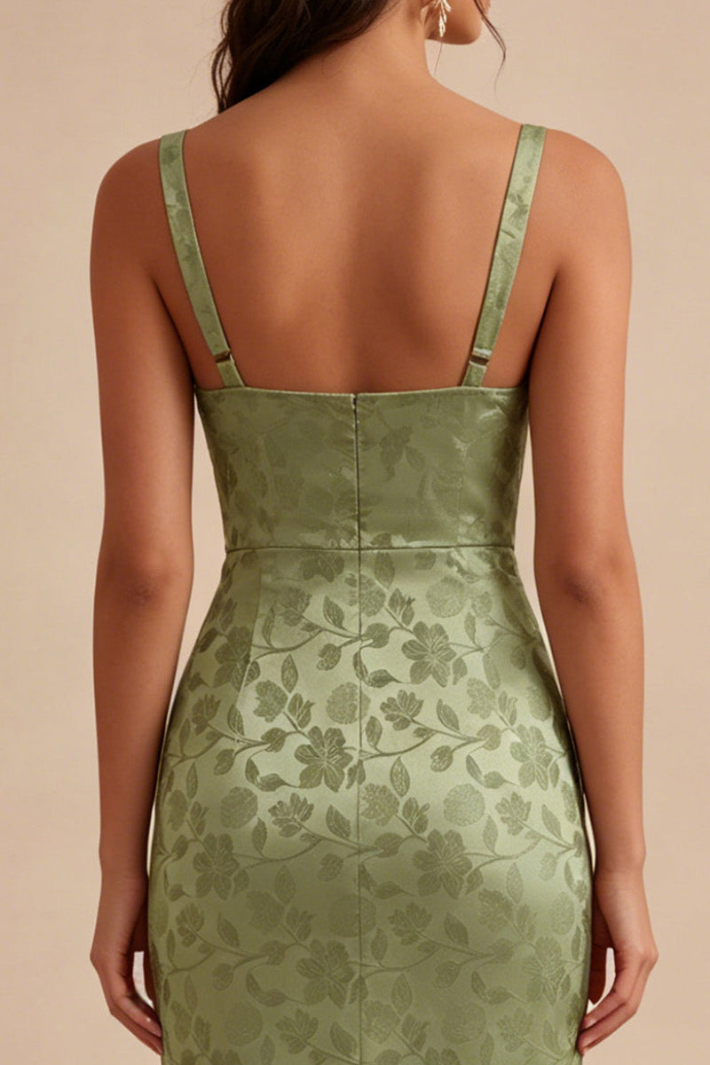 Laden Sie das Bild in den Galerie-Viewer, Hellgrünes Satin-Bodycon gerafftes Midi-Blumenkleid mit Schlitz