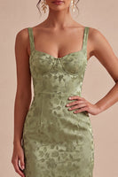 Laden Sie das Bild in den Galerie-Viewer, Hellgrünes Satin-Bodycon gerafftes Midi-Blumenkleid mit Schlitz