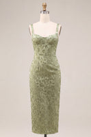 Laden Sie das Bild in den Galerie-Viewer, Hellgrünes Satin-Bodycon gerafftes Midi-Blumenkleid mit Schlitz