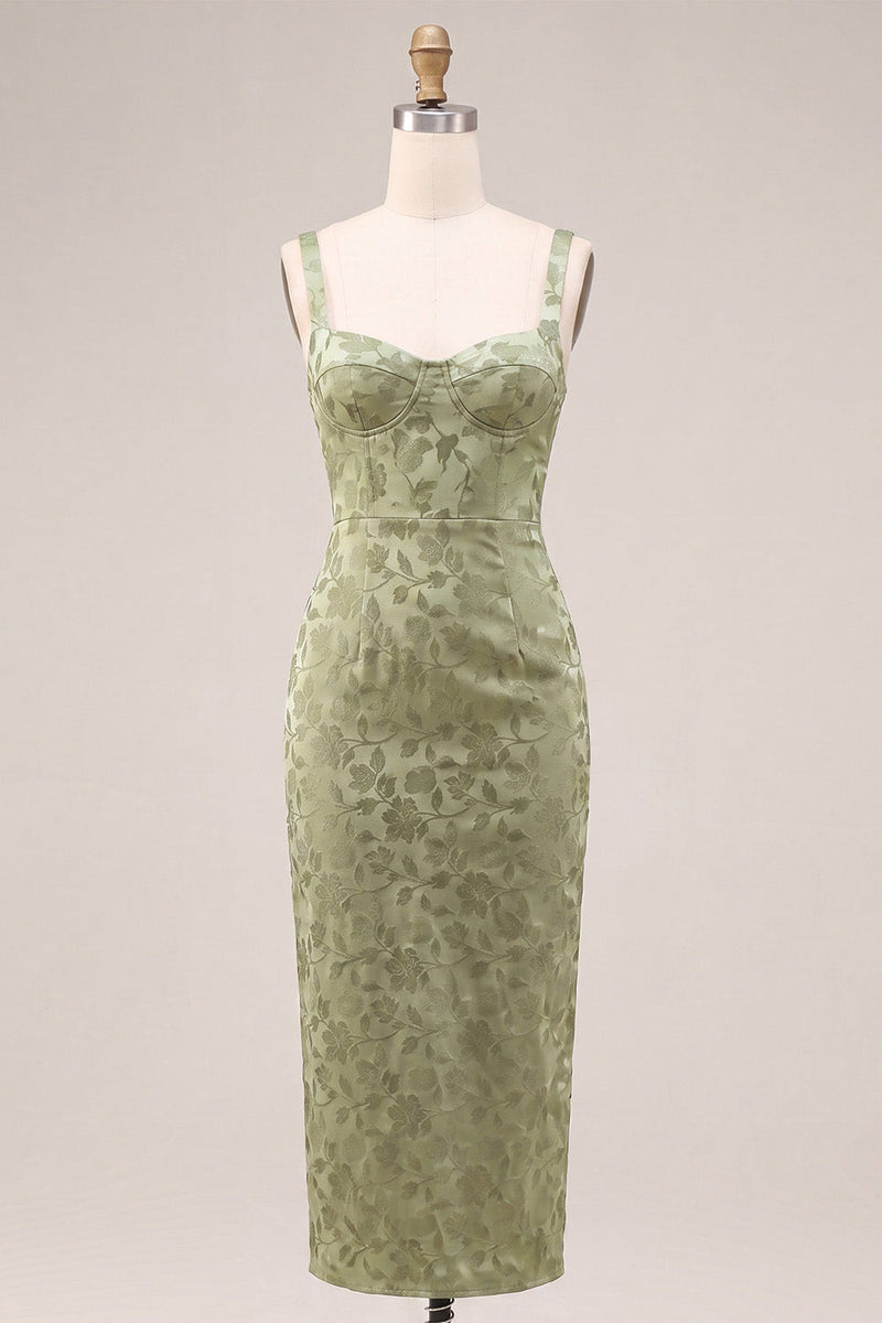 Laden Sie das Bild in den Galerie-Viewer, Hellgrünes Satin-Bodycon gerafftes Midi-Blumenkleid mit Schlitz