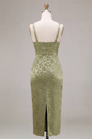 Laden Sie das Bild in den Galerie-Viewer, Hellgrünes Satin-Bodycon gerafftes Midi-Blumenkleid mit Schlitz