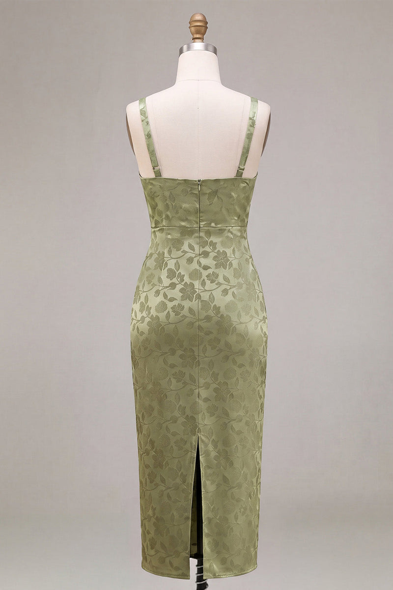 Laden Sie das Bild in den Galerie-Viewer, Hellgrünes Satin-Bodycon gerafftes Midi-Blumenkleid mit Schlitz