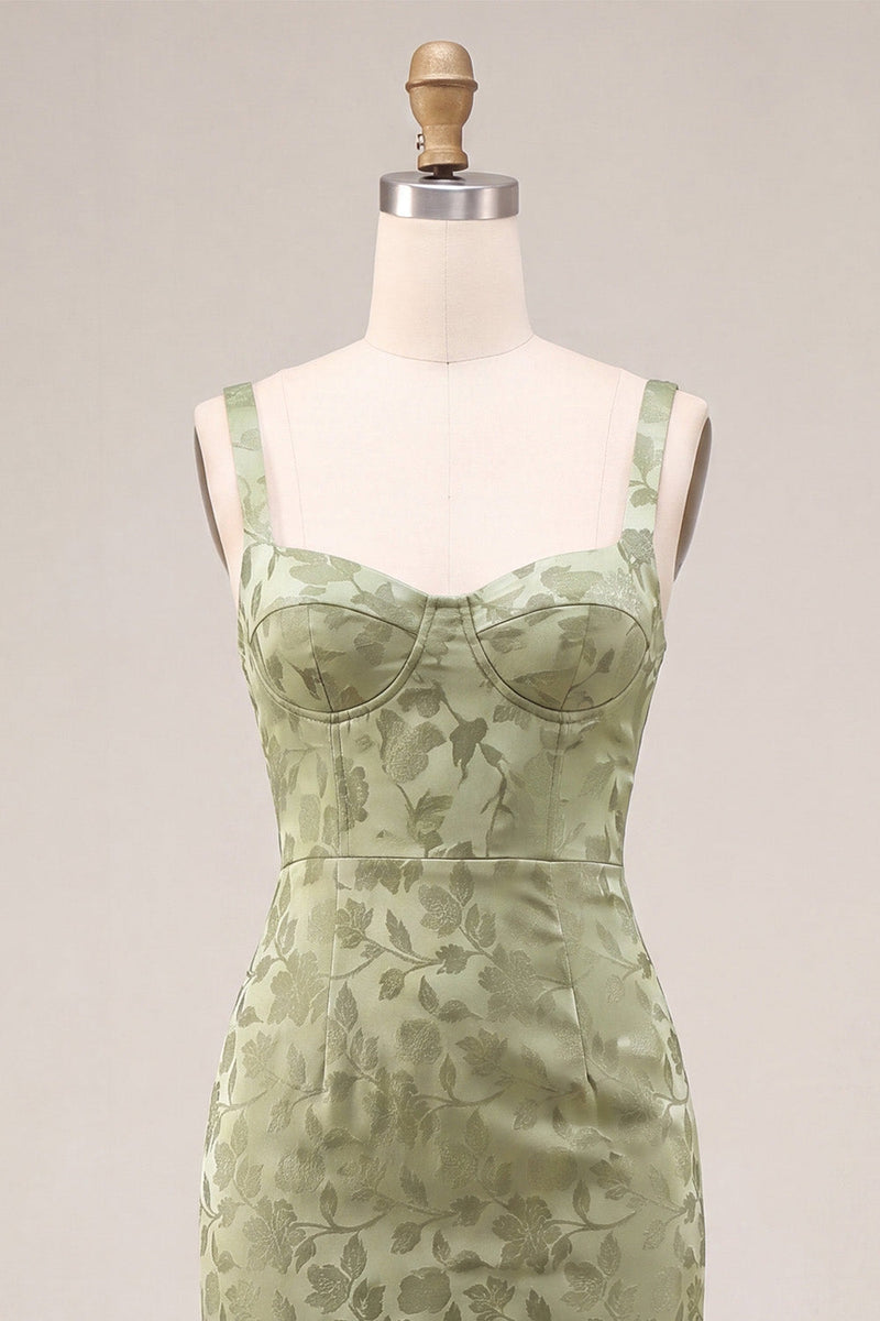 Laden Sie das Bild in den Galerie-Viewer, Hellgrünes Satin-Bodycon gerafftes Midi-Blumenkleid mit Schlitz