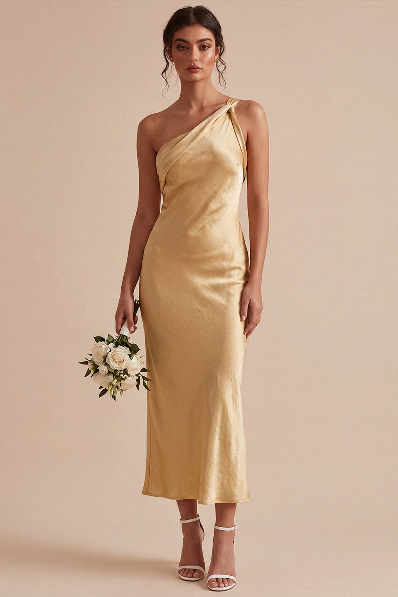 Laden Sie das Bild in den Galerie-Viewer, Satingoldenes Einschulter-Meerjungfrauen-Midi-Kleid