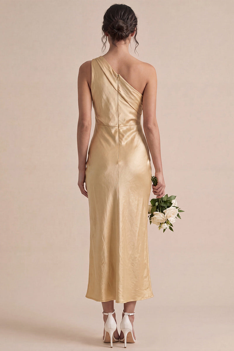 Laden Sie das Bild in den Galerie-Viewer, Satingoldenes Einschulter-Meerjungfrauen-Midi-Kleid