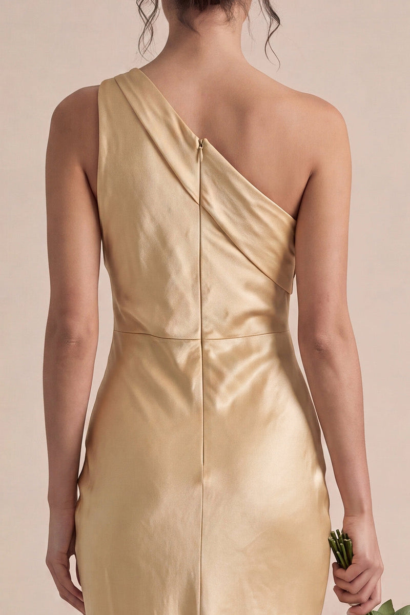 Laden Sie das Bild in den Galerie-Viewer, Satingoldenes Einschulter-Meerjungfrauen-Midi-Kleid
