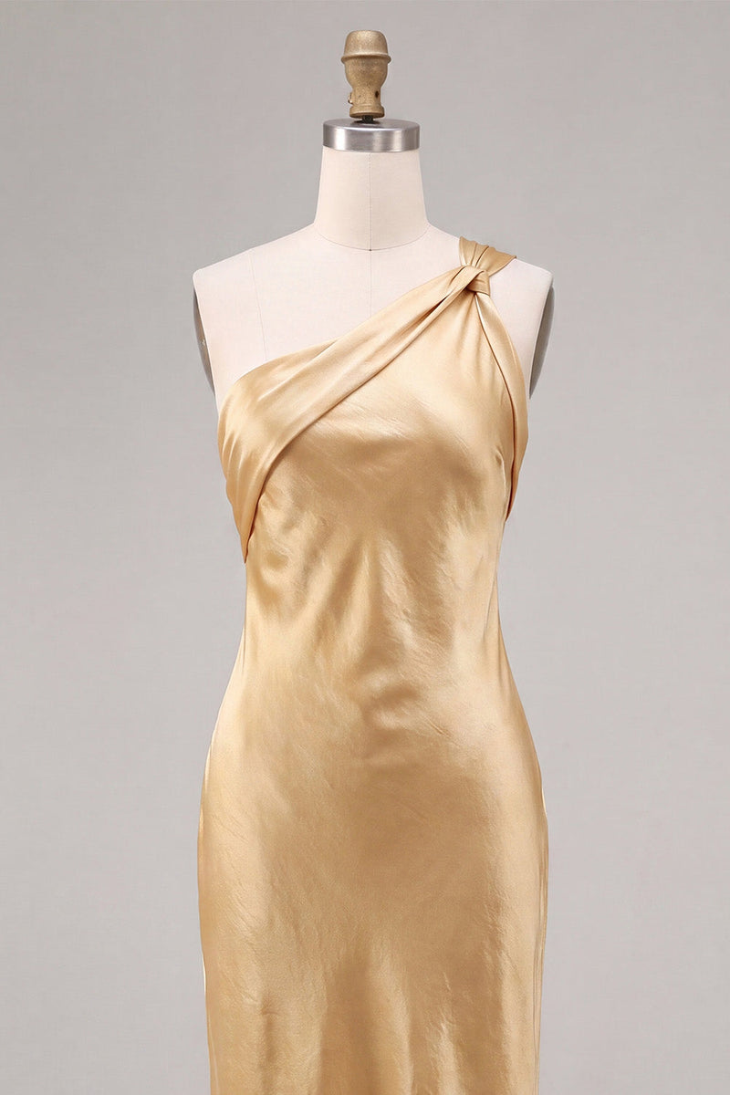 Laden Sie das Bild in den Galerie-Viewer, Satingoldenes Einschulter-Meerjungfrauen-Midi-Kleid
