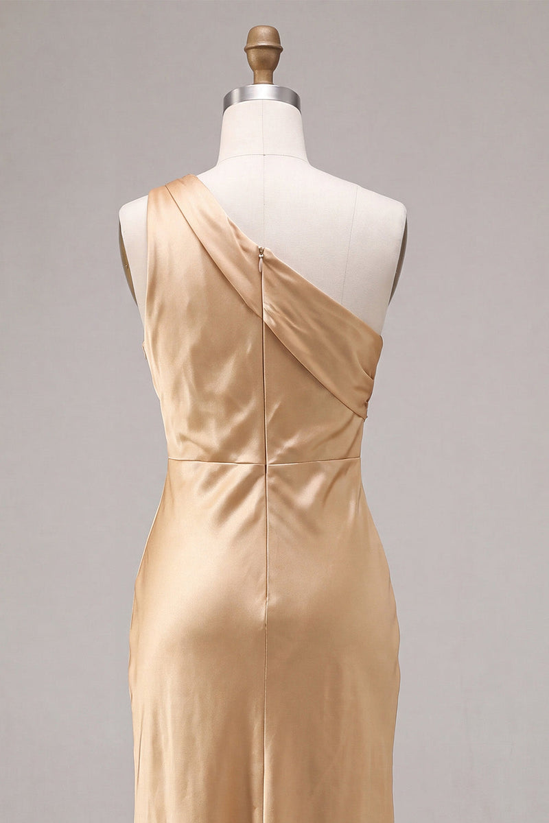 Laden Sie das Bild in den Galerie-Viewer, Satingoldenes Einschulter-Meerjungfrauen-Midi-Kleid
