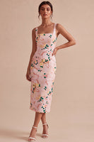 Laden Sie das Bild in den Galerie-Viewer, Bodycon Pink-Quadrathals-Midi-Blumenkleid mit Schlitz