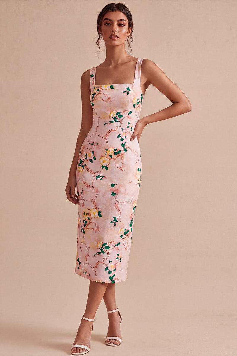 Laden Sie das Bild in den Galerie-Viewer, Bodycon Pink-Quadrathals-Midi-Blumenkleid mit Schlitz