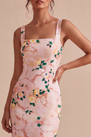 Laden Sie das Bild in den Galerie-Viewer, Bodycon Pink-Quadrathals-Midi-Blumenkleid mit Schlitz