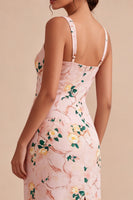 Laden Sie das Bild in den Galerie-Viewer, Bodycon Pink-Quadrathals-Midi-Blumenkleid mit Schlitz