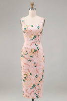 Laden Sie das Bild in den Galerie-Viewer, Bodycon Pink-Quadrathals-Midi-Blumenkleid mit Schlitz