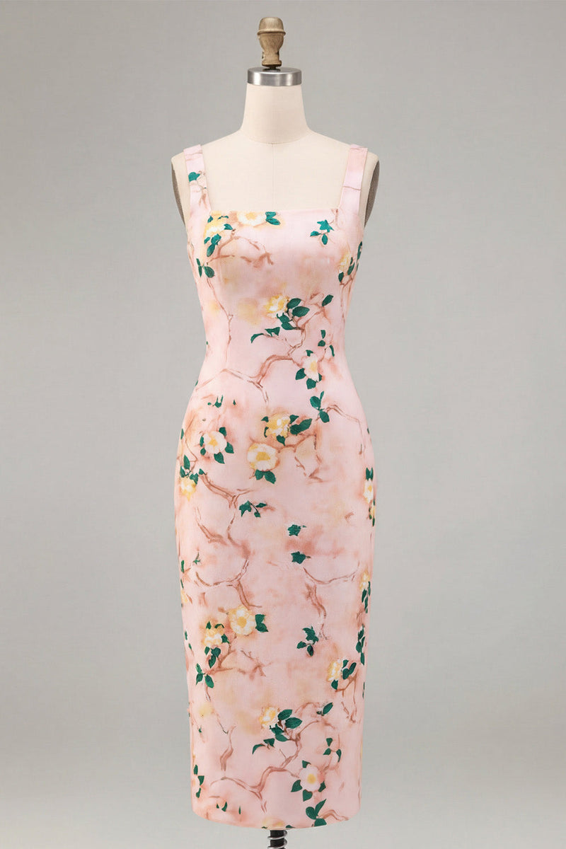 Laden Sie das Bild in den Galerie-Viewer, Bodycon Pink-Quadrathals-Midi-Blumenkleid mit Schlitz