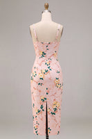 Laden Sie das Bild in den Galerie-Viewer, Bodycon Pink-Quadrathals-Midi-Blumenkleid mit Schlitz