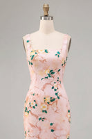 Laden Sie das Bild in den Galerie-Viewer, Bodycon Pink-Quadrathals-Midi-Blumenkleid mit Schlitz