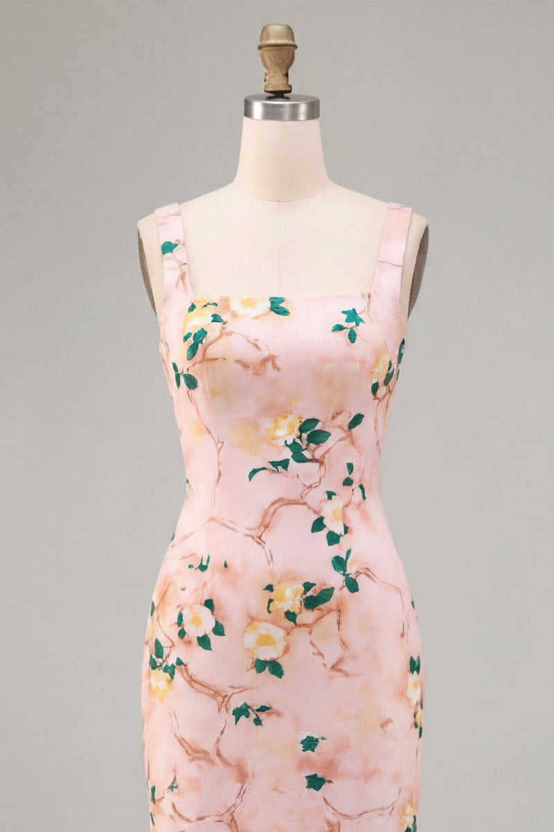 Laden Sie das Bild in den Galerie-Viewer, Bodycon Pink-Quadrathals-Midi-Blumenkleid mit Schlitz