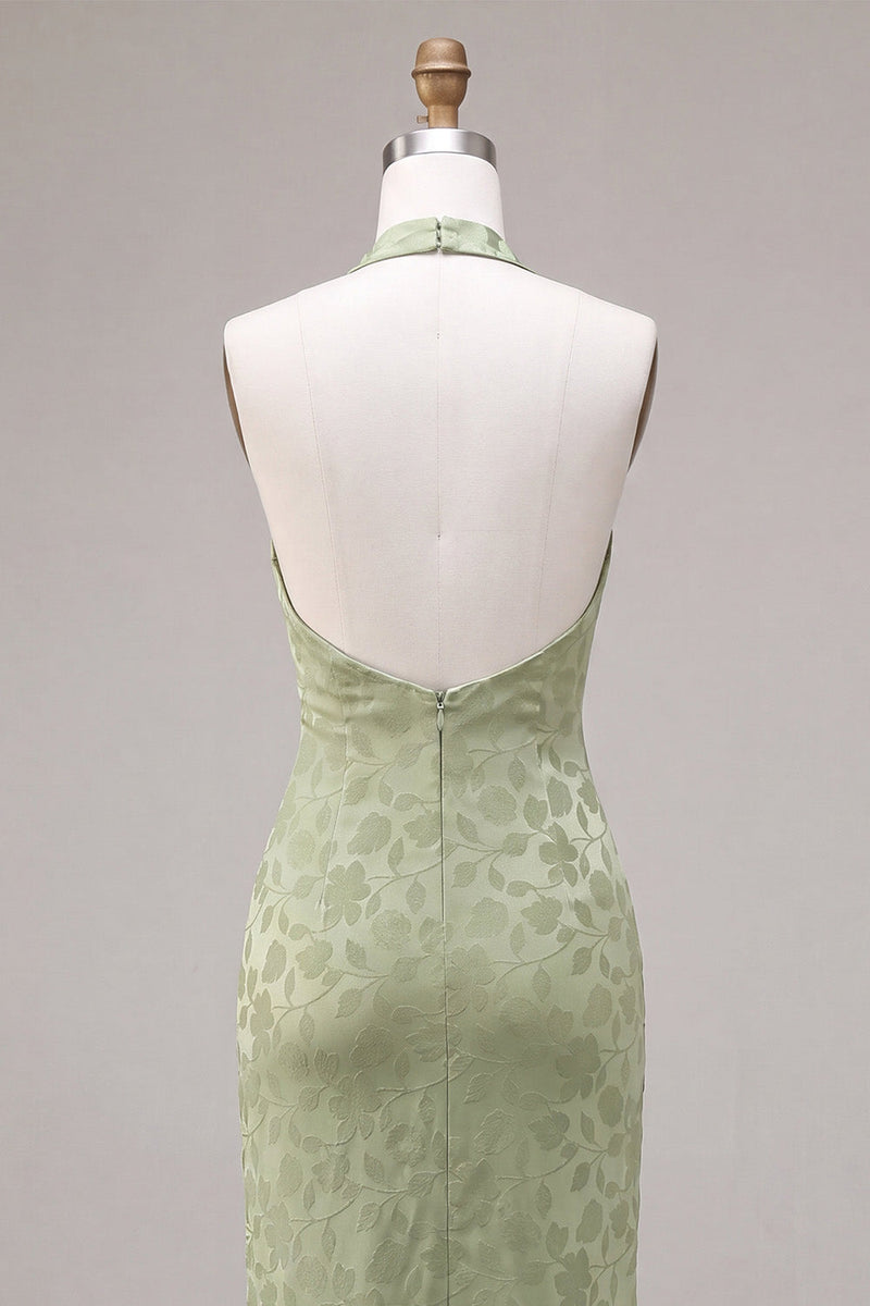 Laden Sie das Bild in den Galerie-Viewer, Hellgrünes Neckholder-Muster Meerjungfrauen-Floral-Midi-Kleid