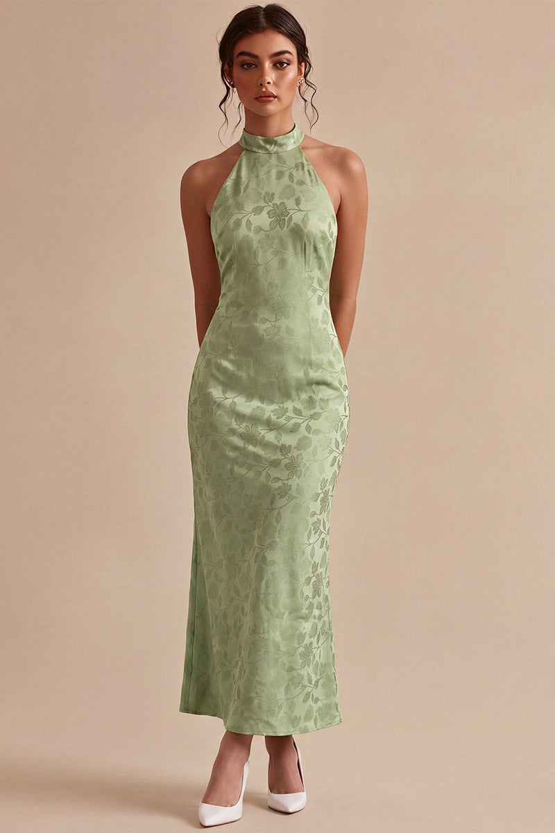 Laden Sie das Bild in den Galerie-Viewer, Hellgrünes Neckholder-Muster Meerjungfrauen-Floral-Midi-Kleid