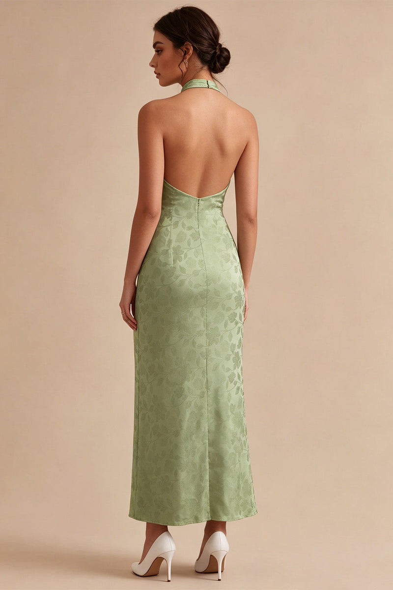 Laden Sie das Bild in den Galerie-Viewer, Hellgrünes Neckholder-Muster Meerjungfrauen-Floral-Midi-Kleid