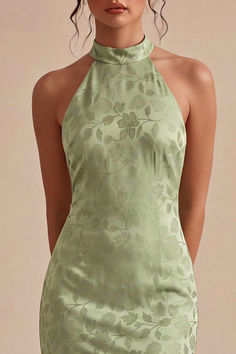 Laden Sie das Bild in den Galerie-Viewer, Hellgrünes Neckholder-Muster Meerjungfrauen-Floral-Midi-Kleid