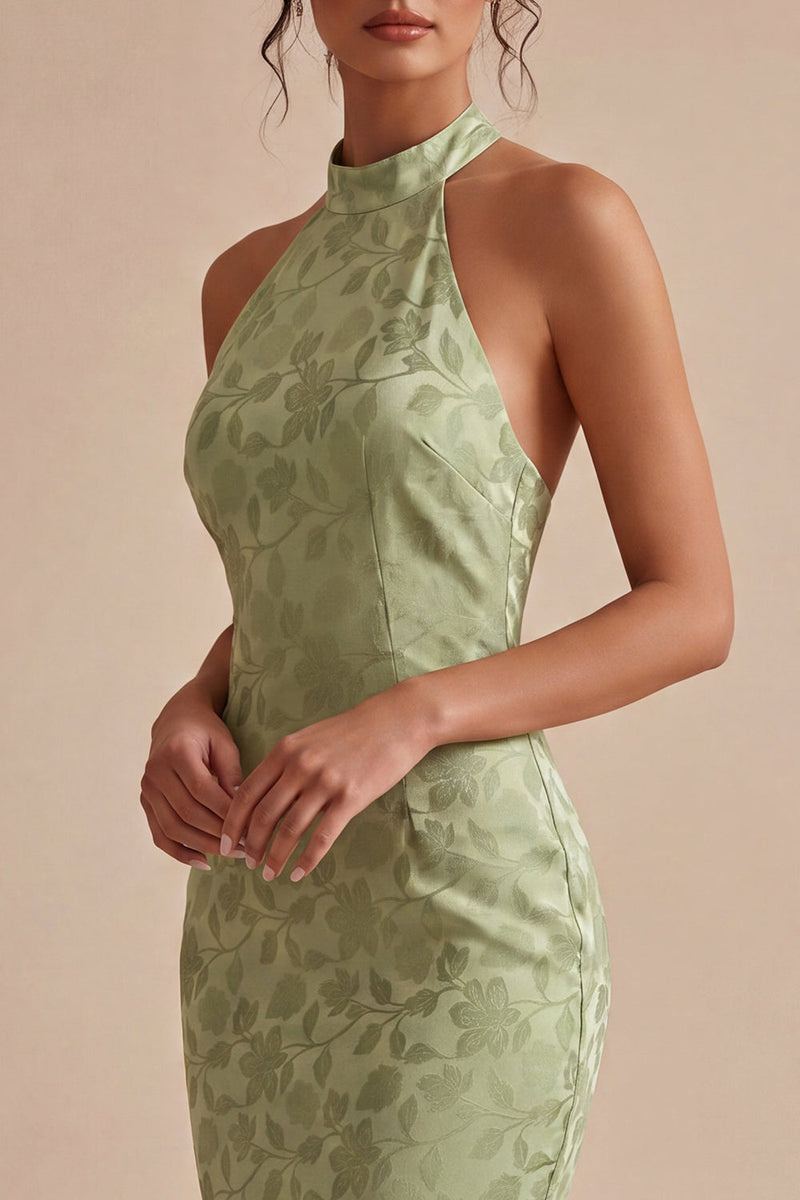 Laden Sie das Bild in den Galerie-Viewer, Hellgrünes Neckholder-Muster Meerjungfrauen-Floral-Midi-Kleid