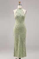 Laden Sie das Bild in den Galerie-Viewer, Hellgrünes Neckholder-Muster Meerjungfrauen-Floral-Midi-Kleid