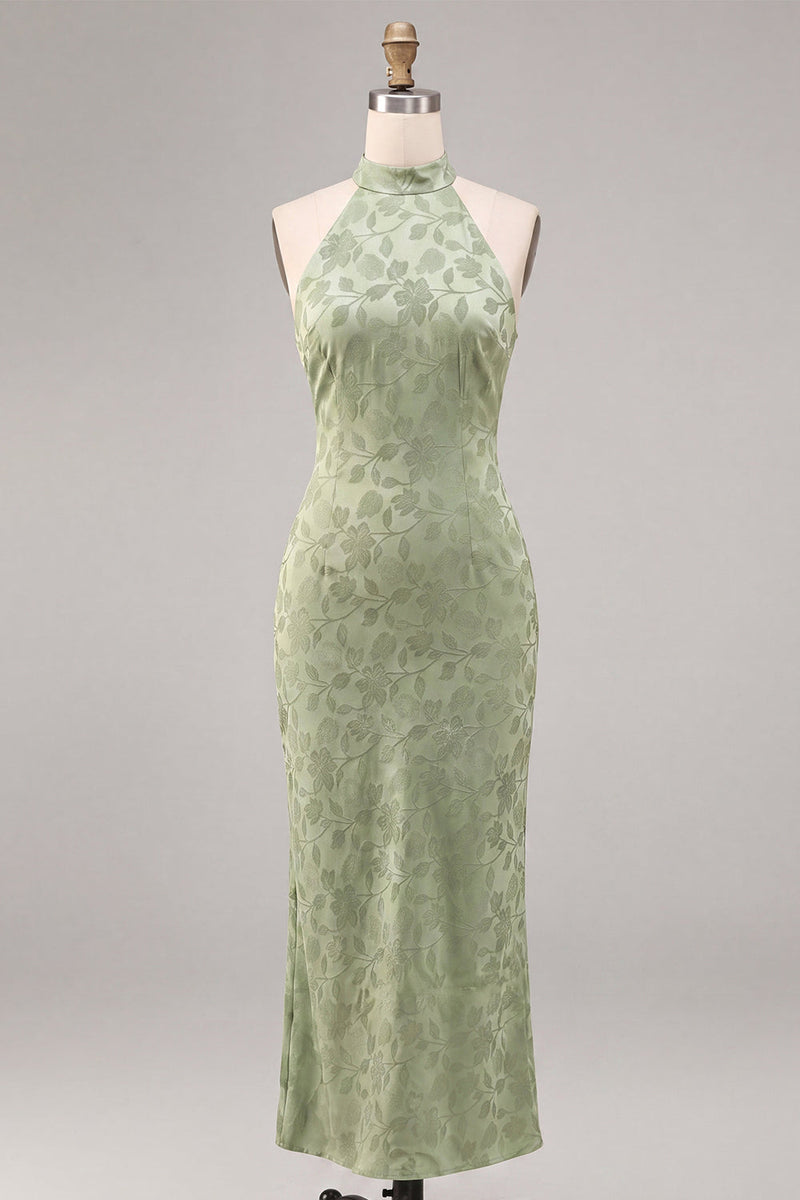 Laden Sie das Bild in den Galerie-Viewer, Hellgrünes Neckholder-Muster Meerjungfrauen-Floral-Midi-Kleid