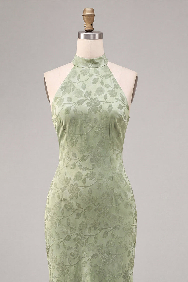 Laden Sie das Bild in den Galerie-Viewer, Hellgrünes Neckholder-Muster Meerjungfrauen-Floral-Midi-Kleid