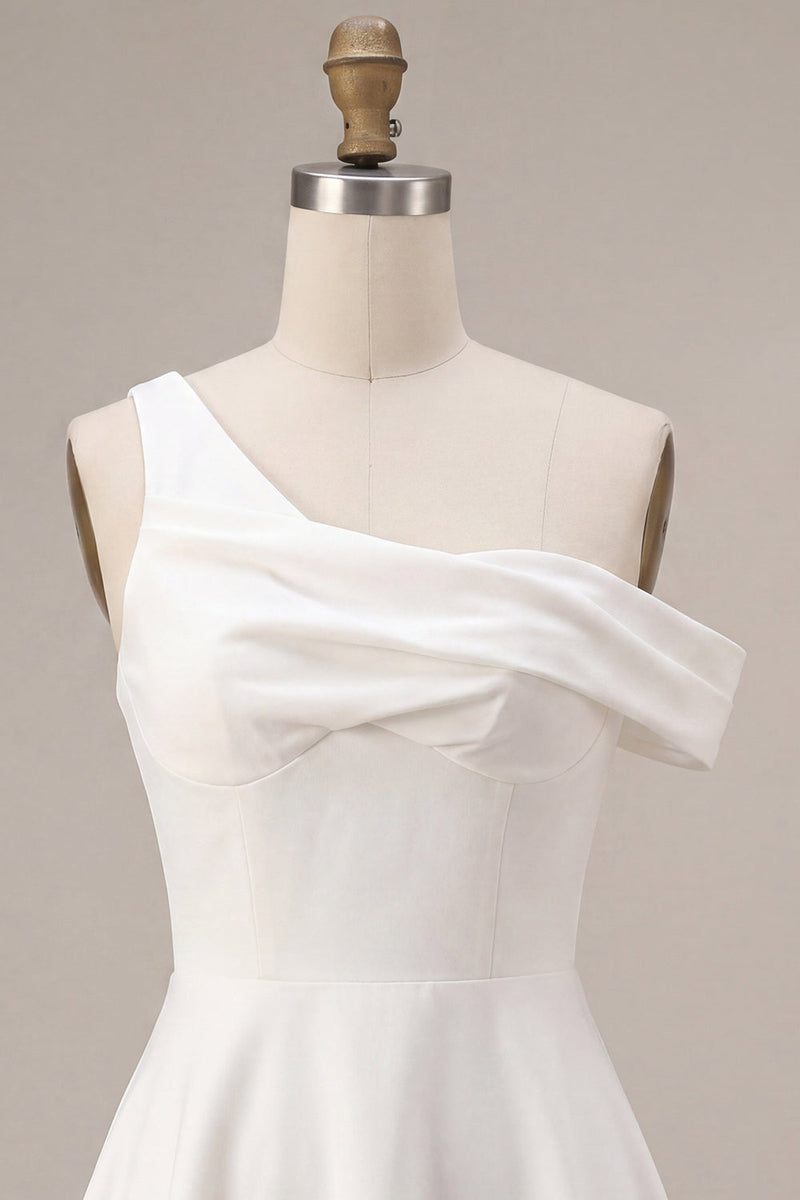 Laden Sie das Bild in den Galerie-Viewer, A-Linie einschulteriges kleines weißes Kleid