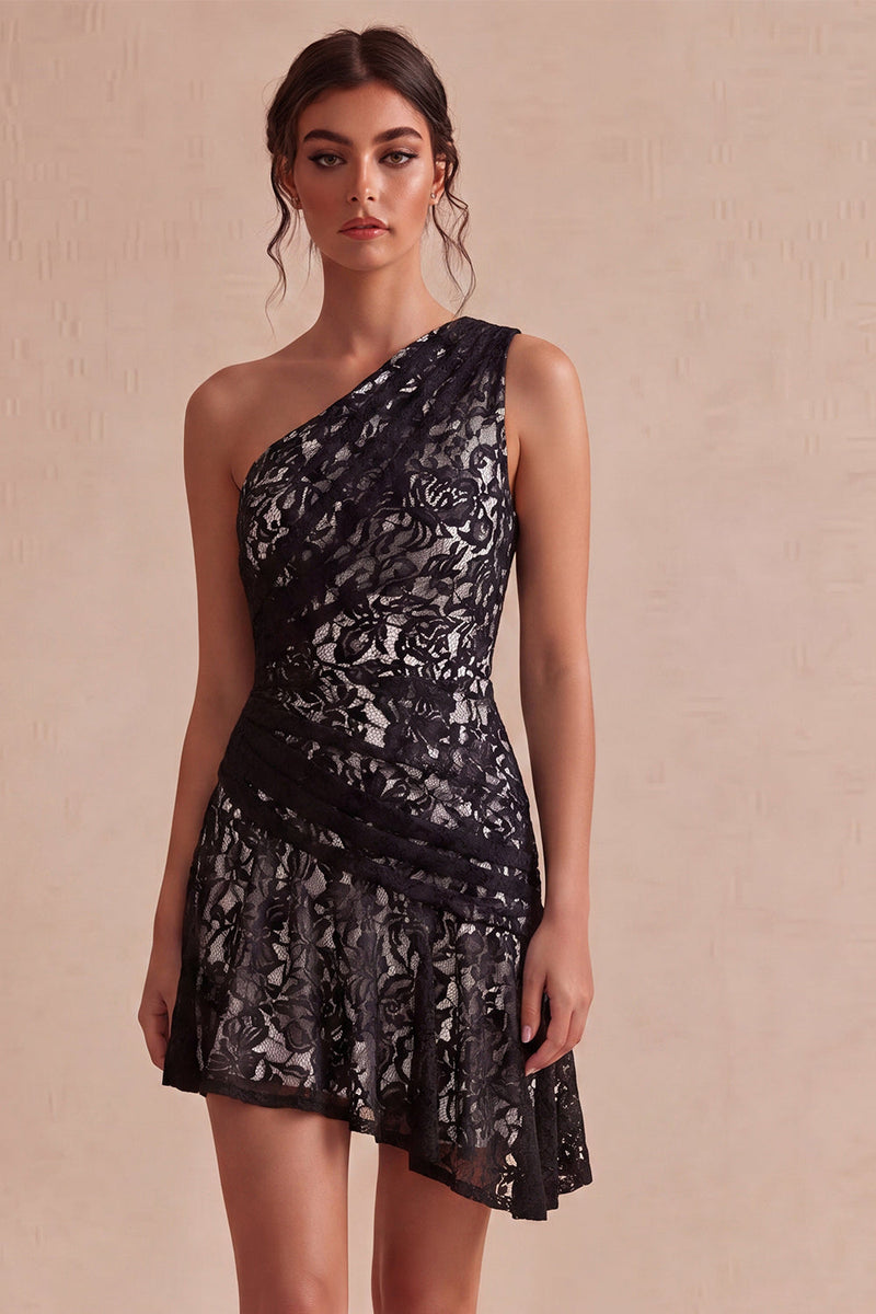 Laden Sie das Bild in den Galerie-Viewer, Eine Schulter geraffte Spitze asymmetrischer Bodycon Kleines weißes Kleid