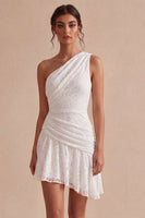 Laden Sie das Bild in den Galerie-Viewer, Eine Schulter geraffte Spitze asymmetrischer Bodycon Kleines weißes Kleid