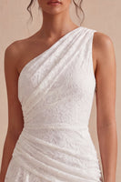 Laden Sie das Bild in den Galerie-Viewer, Eine Schulter geraffte Spitze asymmetrischer Bodycon Kleines weißes Kleid