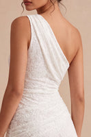 Laden Sie das Bild in den Galerie-Viewer, Eine Schulter geraffte Spitze asymmetrischer Bodycon Kleines weißes Kleid