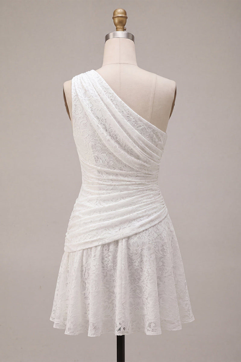 Laden Sie das Bild in den Galerie-Viewer, Eine Schulter geraffte Spitze asymmetrischer Bodycon Kleines weißes Kleid