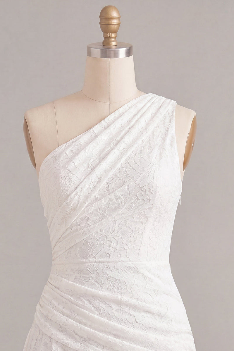 Laden Sie das Bild in den Galerie-Viewer, Eine Schulter geraffte Spitze asymmetrischer Bodycon Kleines weißes Kleid