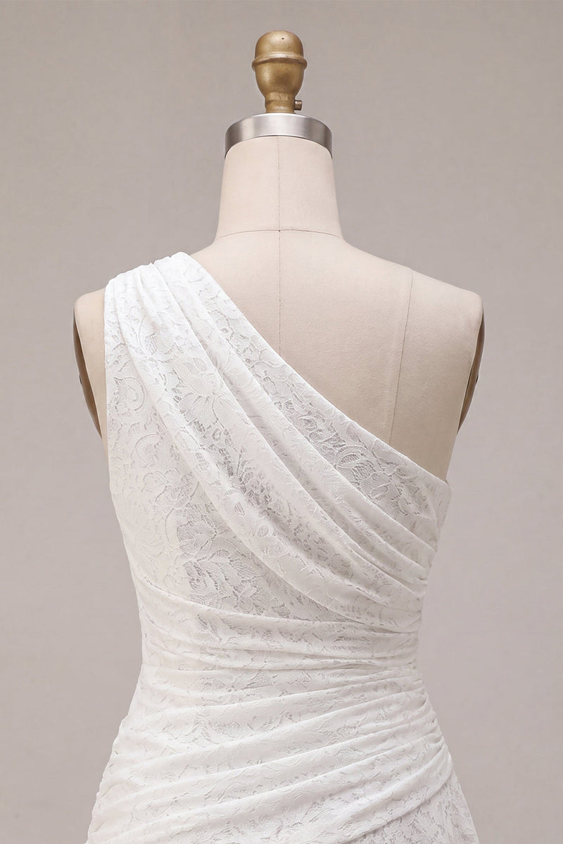 Laden Sie das Bild in den Galerie-Viewer, Eine Schulter geraffte Spitze asymmetrischer Bodycon Kleines weißes Kleid