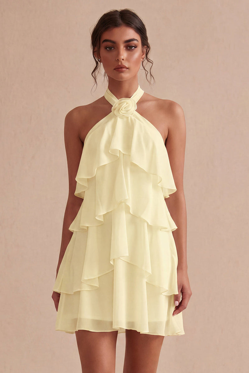 Laden Sie das Bild in den Galerie-Viewer, A-Linie Neckholder-Blümchen-Chiffon Kleines weißes Kleid mit Rüschen