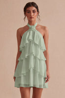 Laden Sie das Bild in den Galerie-Viewer, A-Linie Neckholder-Blümchen-Chiffon Kleines weißes Kleid mit Rüschen