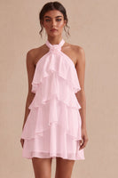 Laden Sie das Bild in den Galerie-Viewer, A-Linie Neckholder-Blümchen-Chiffon Kleines weißes Kleid mit Rüschen